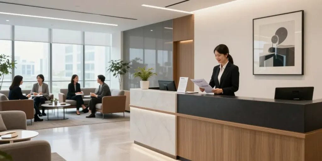 신림오피 서비스를 소개하는 현대적인 사무실의 세련된 리셉션 공간