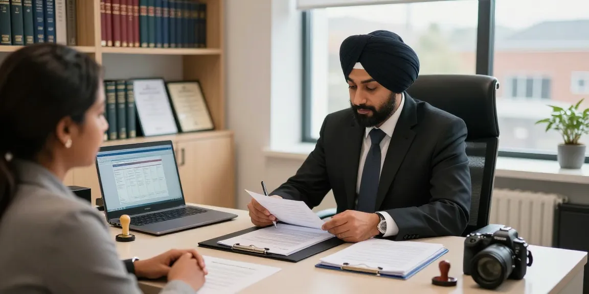 Notary public in Leicester, Gurjit Sanghera, assisting a client with documents in a professional office setting.