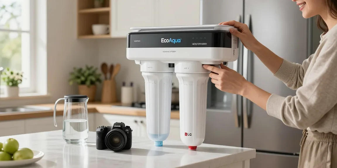Person replacing EcoAqua EFF-6005 Replacement for LG® LT500P®, ADQ72910901 water filter in a bright modern kitchen.
