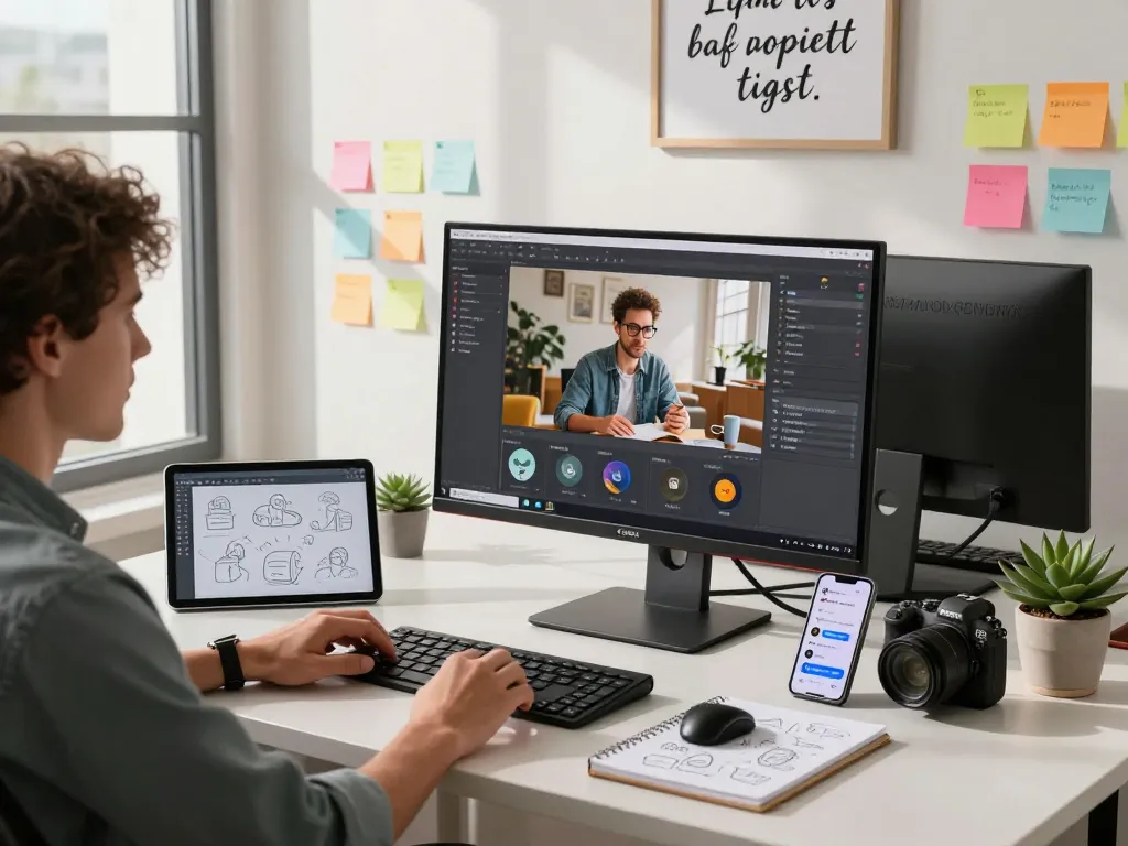 A vibrant workspace showcasing an image to prompt ai setup with tech tools, notepad, and inspiring decor.