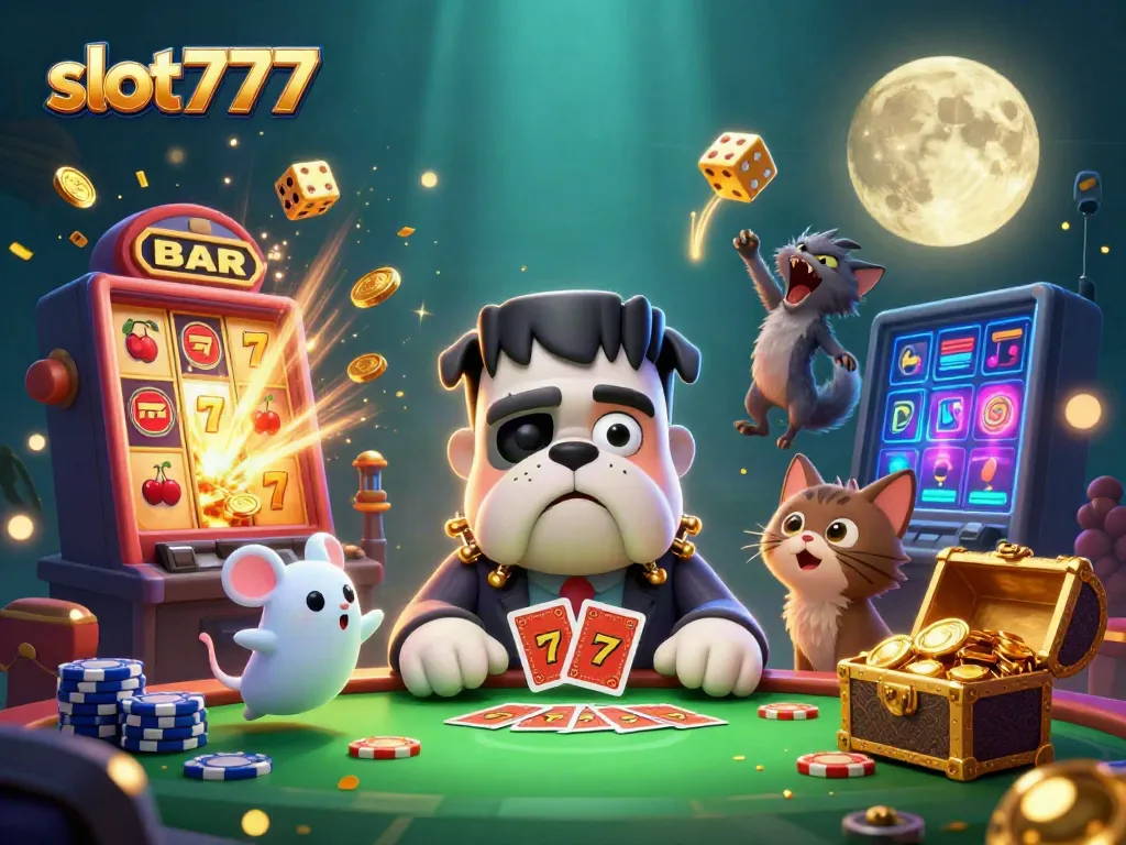 Visualisasi slot777 yang menarik dengan monster bulldog dan jackpot berlimpah, cocok untuk pemain kasino.