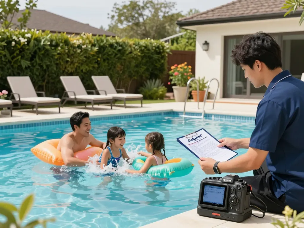 Dolphin Pool Services ensures pristine pool maintenance with a family enjoying a sunny day by a well-kept pool.