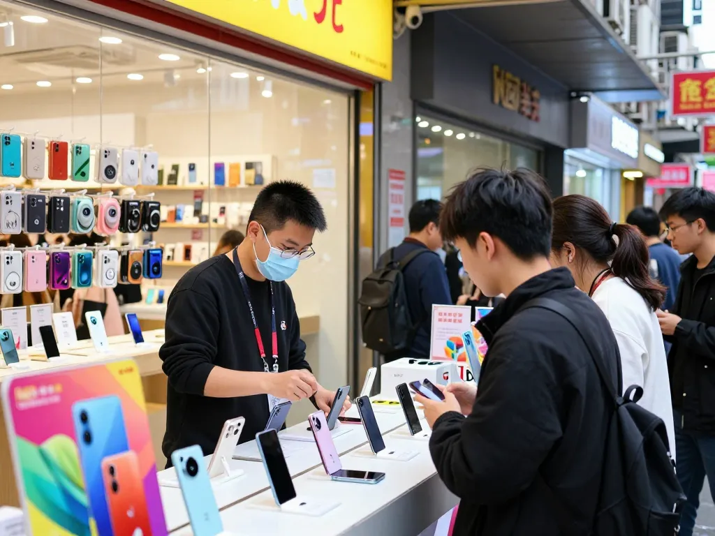 Customer exploring the best mobile sale point in a vibrant retail store showcasing the latest smartphones.