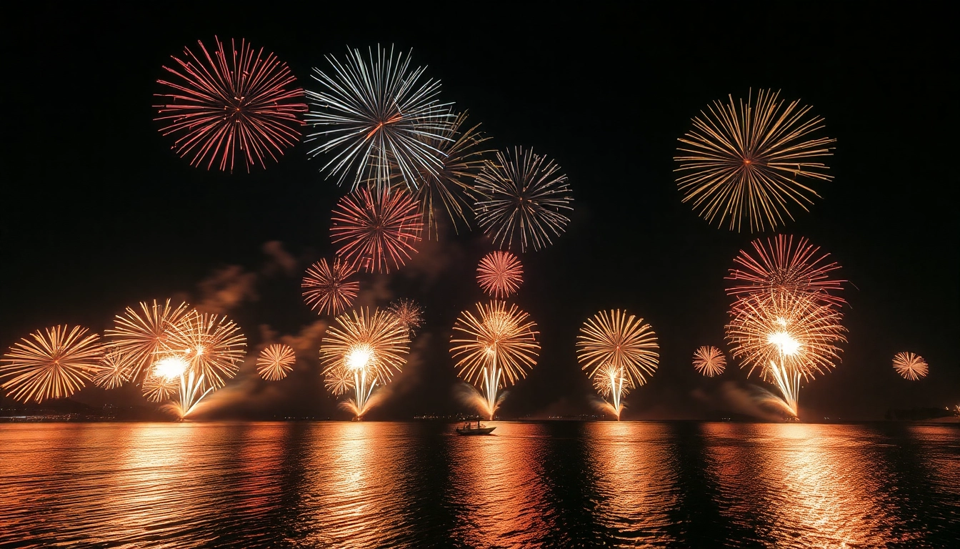 Experience breathtaking fireworks for sale illuminating the night sky with vibrant colors over a lake.