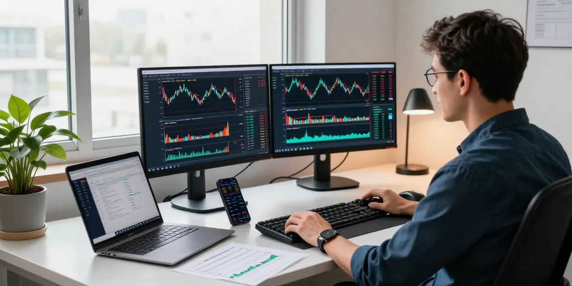 Trader using MetaTrader 5 on dual monitors in a modern office environment, showcasing dynamic trading analytics.