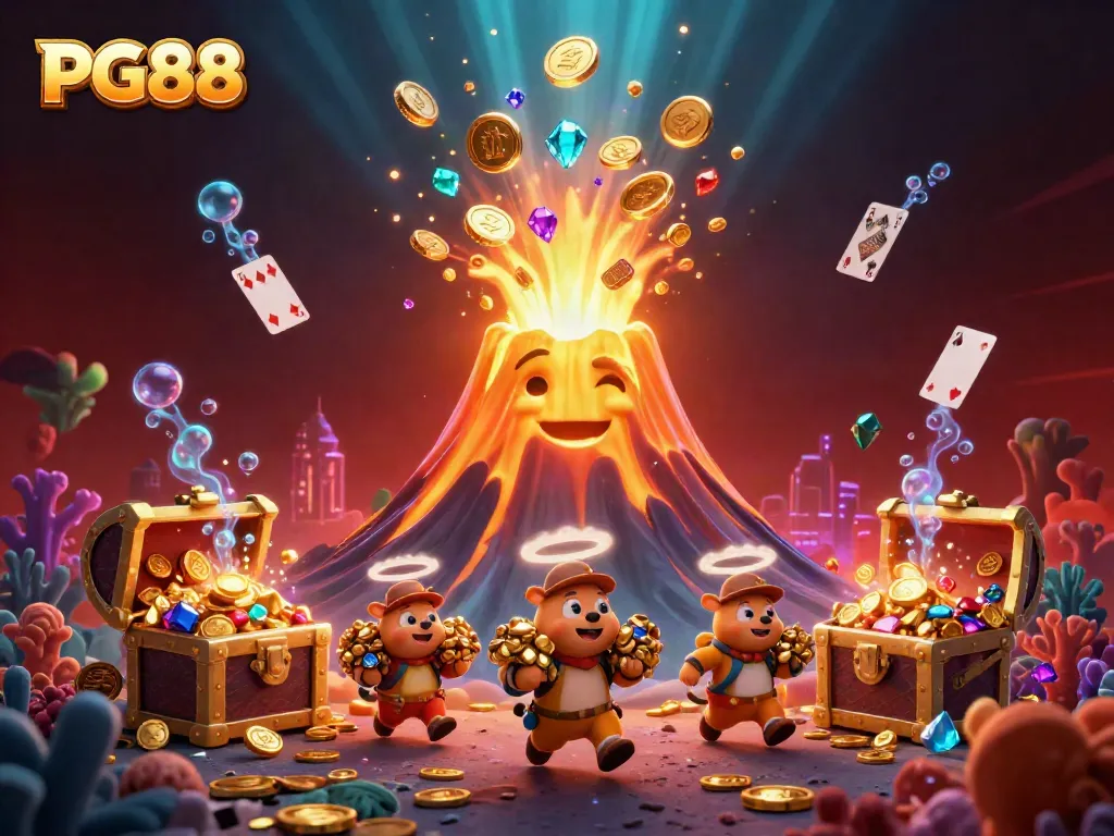 Engage in casino adventures with PG88, featuring a victorious golden volcano and treasure-filled underwater scenes.