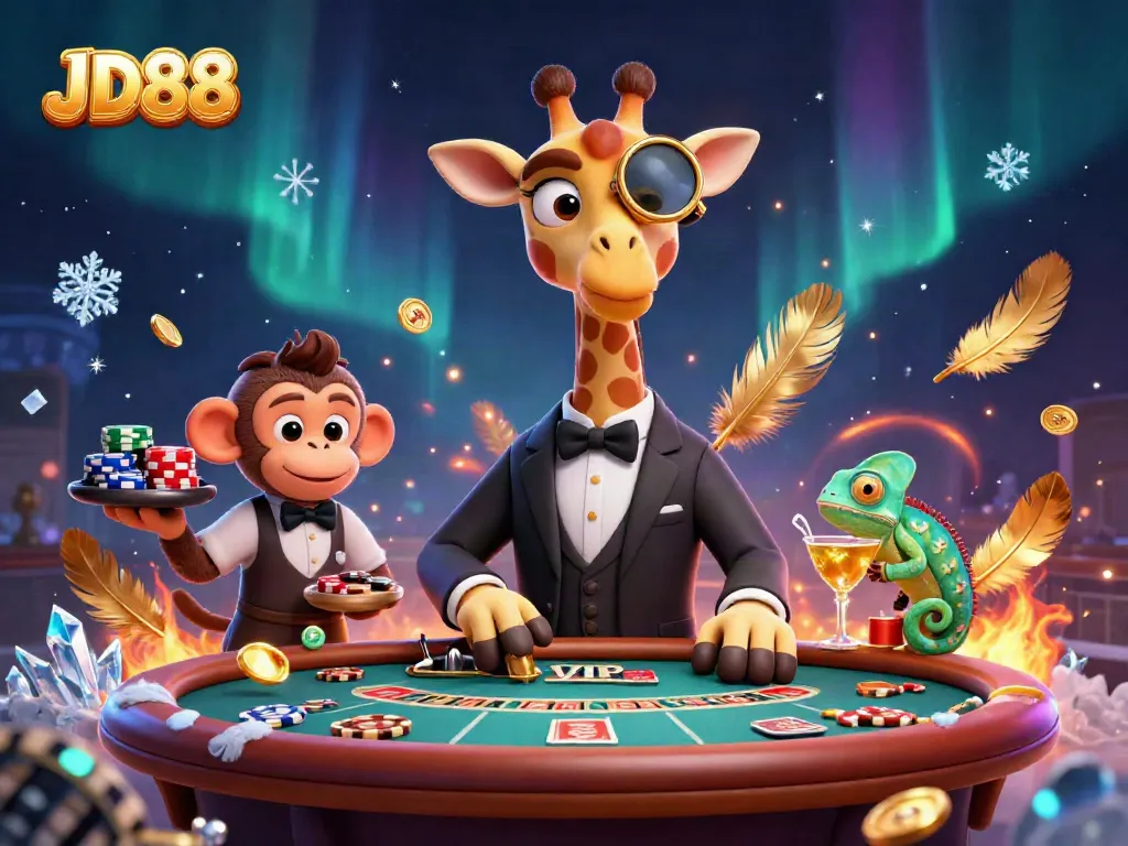 Experience the thrill of JD88 gaming with a vibrant 3D casino scene featuring a giraffe, monkey, and chameleon.