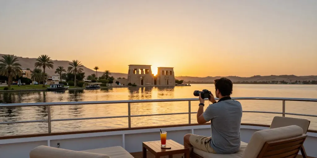Traveler enjoying a Lake Nasser cruise with stunning views of Nubian temples in the sunset.