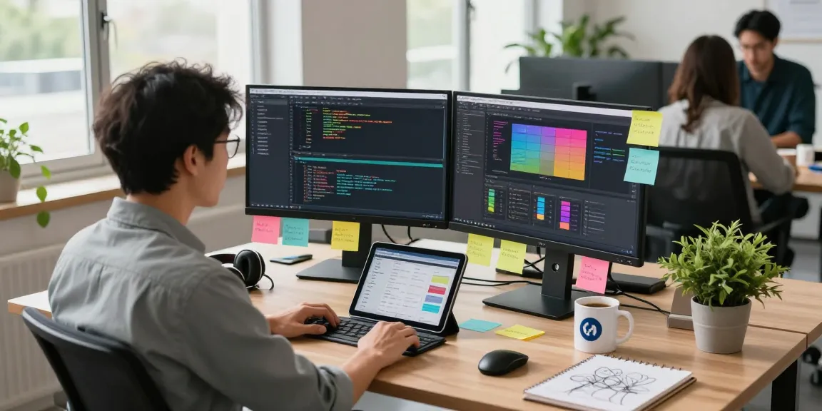 Developer working at telegraimin.com office with modern tech setups and vibrant atmosphere