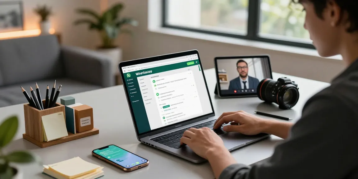 Engaging home office with WhatsApp網頁版 on laptop, showcasing modern technology and productivity.
