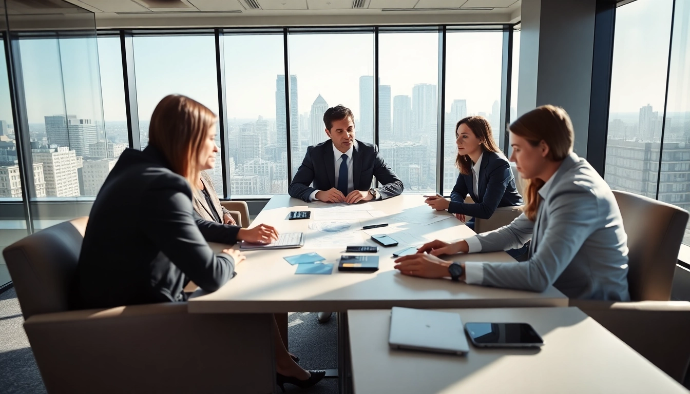 M&A 관련 전문 금융 자문 팀이 현대적인 사무실에서 전략 회의 중입니다.