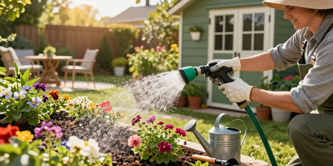 Using the best hose nozzle to water flower beds in a vibrant garden.