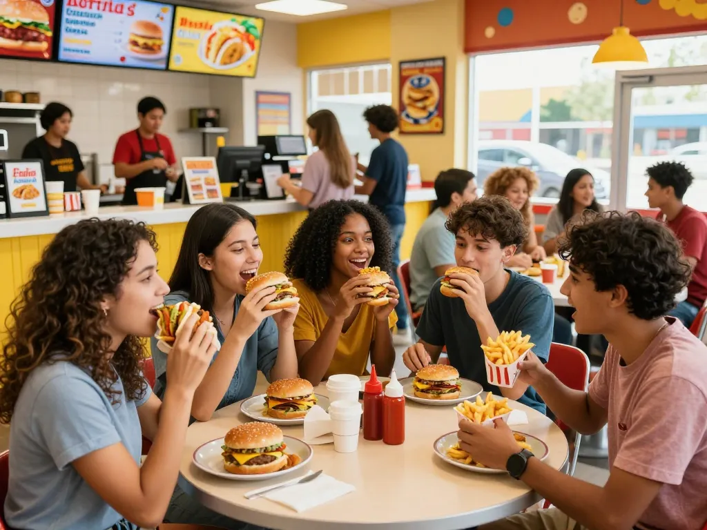Friends sharing a fast food menu meal in a bustling restaurant, colorful decor, and lively atmosphere.