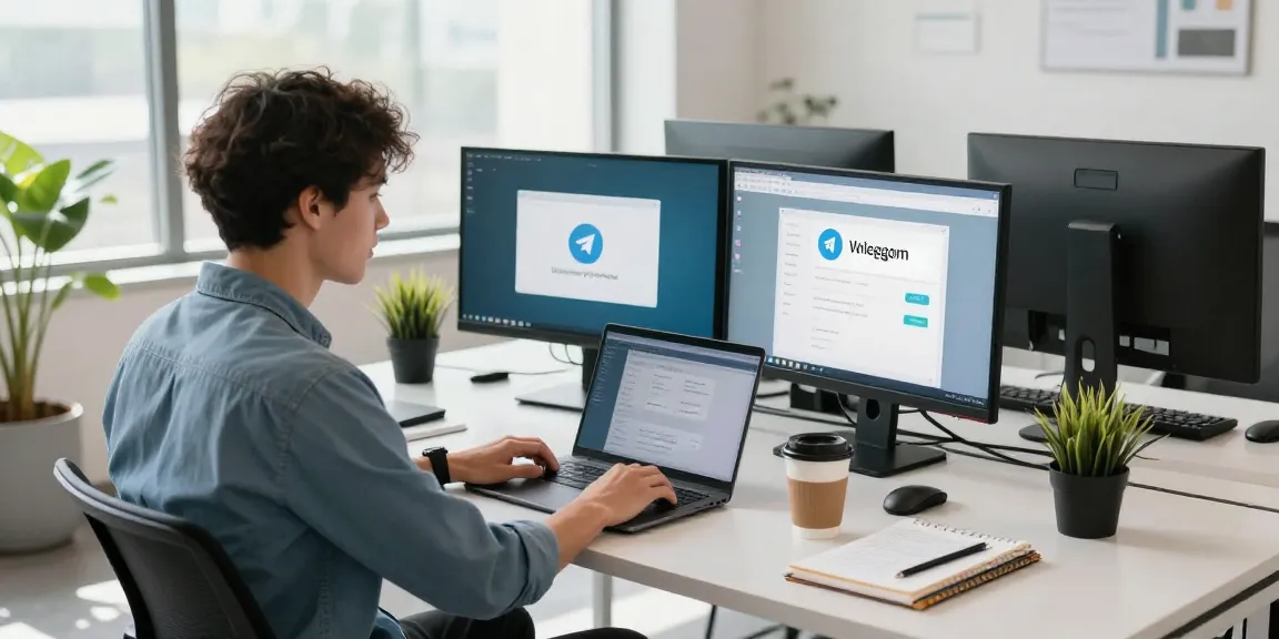 Engaging workspace showcasing the Telegram Web Version in a modern tech environment, with laptops and vibrant office decor.