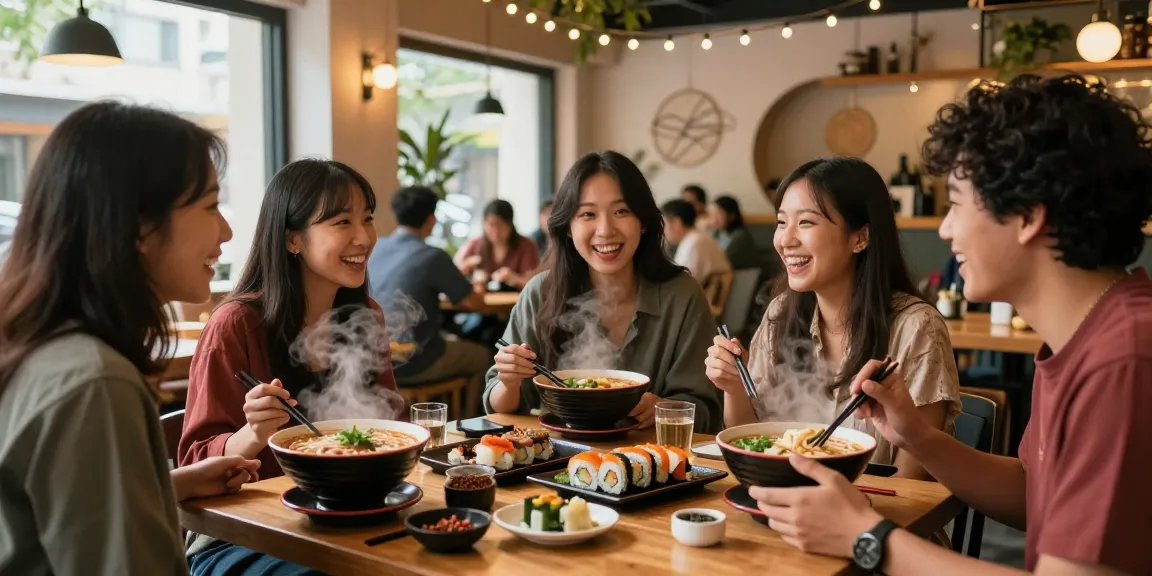 Experience Asian culture at https://hanadultalk.com with friends enjoying vibrant cuisine in a cozy café.