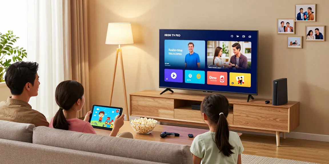 Une famille utilisant l'application IRON TV PRO sur leur smart TV pour des films et séries.