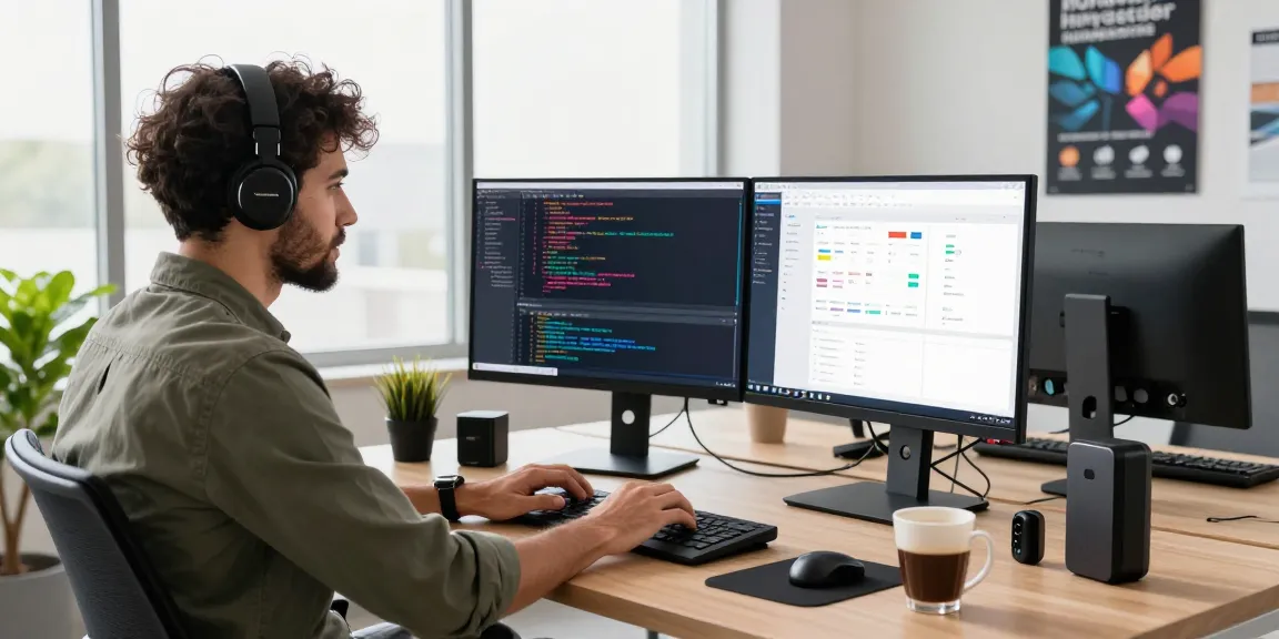 Developer working at dual monitors showcasing coding interfaces, highlighting telegramin-cn.com in a modern tech workspace.