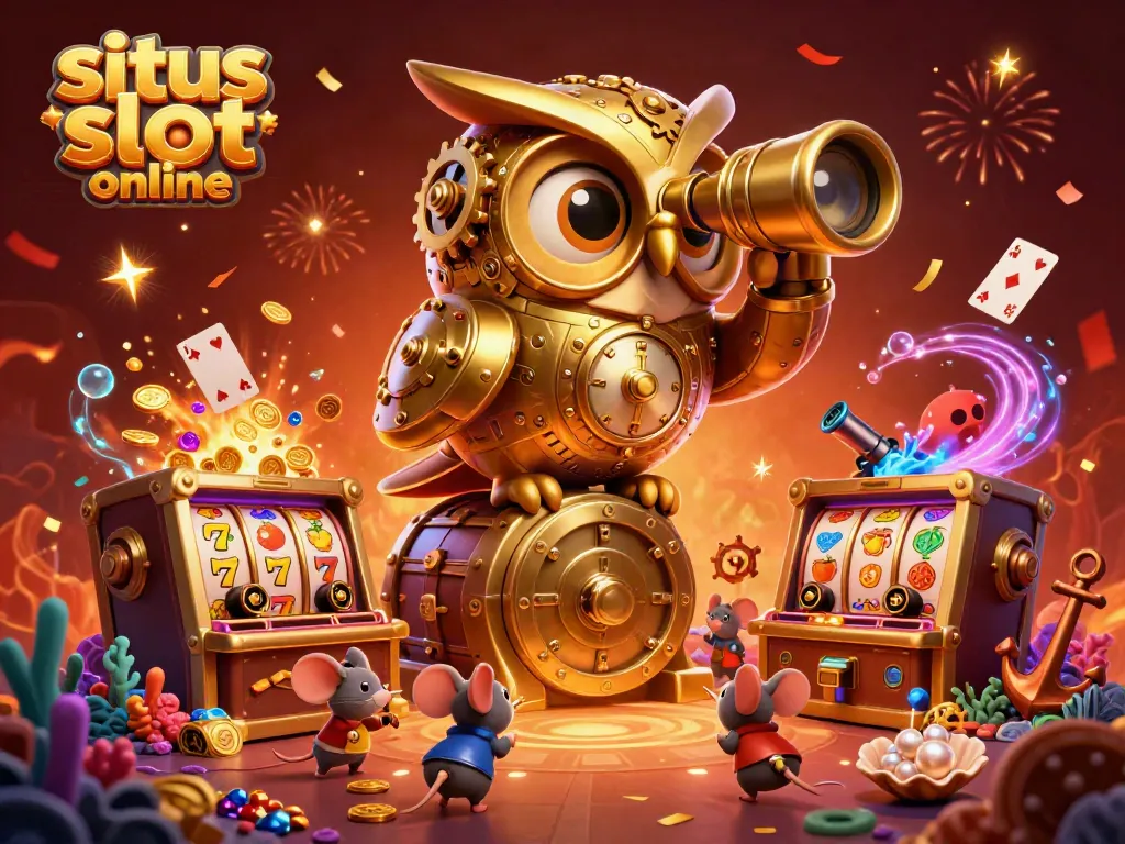 Permainan situs slot online interaktif dengan burung hantu emas dan tikus mesin slot dengan confetti berwarna.