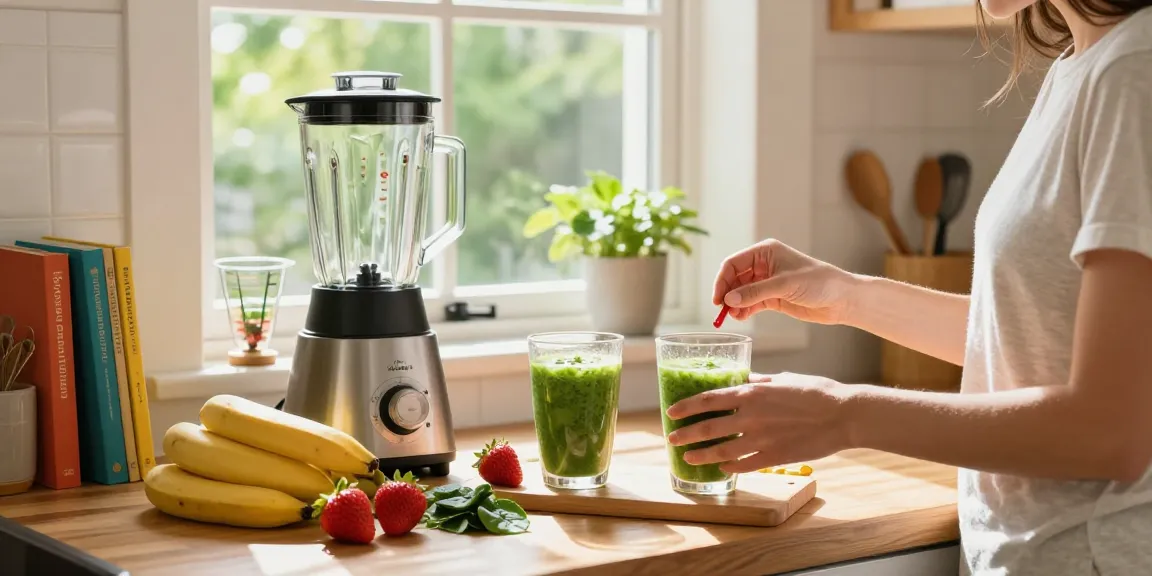 Astaxanthin supplement Canada being used in a smoothie preparation, surrounded by fresh fruits and vibrant kitchen details.
