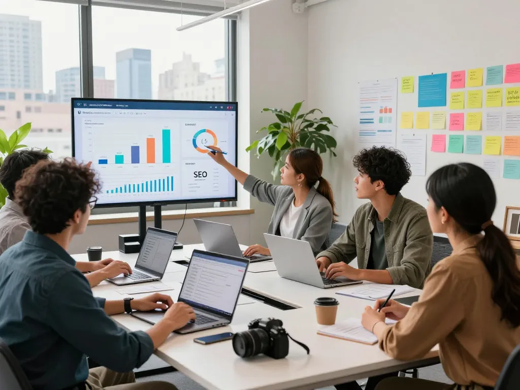 SEO Company in NYC team analyzing digital marketing strategies in a modern workspace.