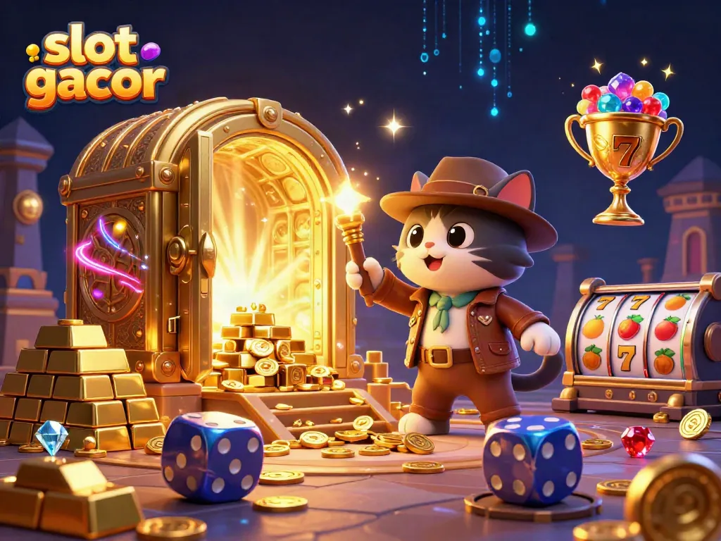 Engage in thrilling slot gacor action with cartoon explorer and treasure in vibrant casino scene.