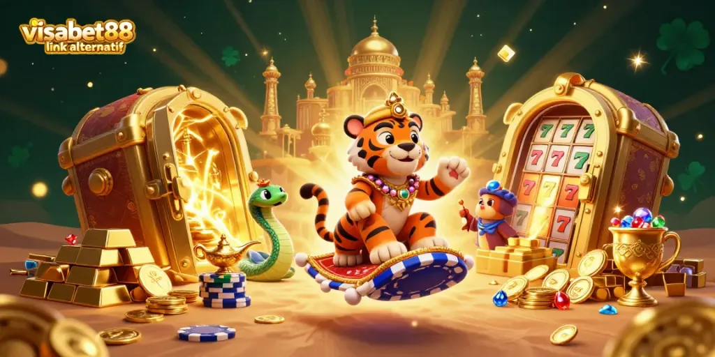Engage in vibrant slot games with visabet88 link alternatif featuring a tiger sultan, treasures, and casino elements.