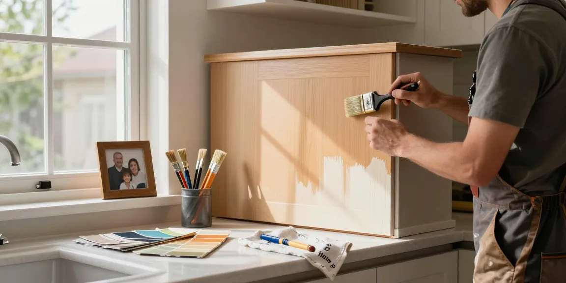 Cabinet refinishing Beaverton OR - professional painter transforming kitchen cabinets with fresh paint under natural light in a modern kitchen.