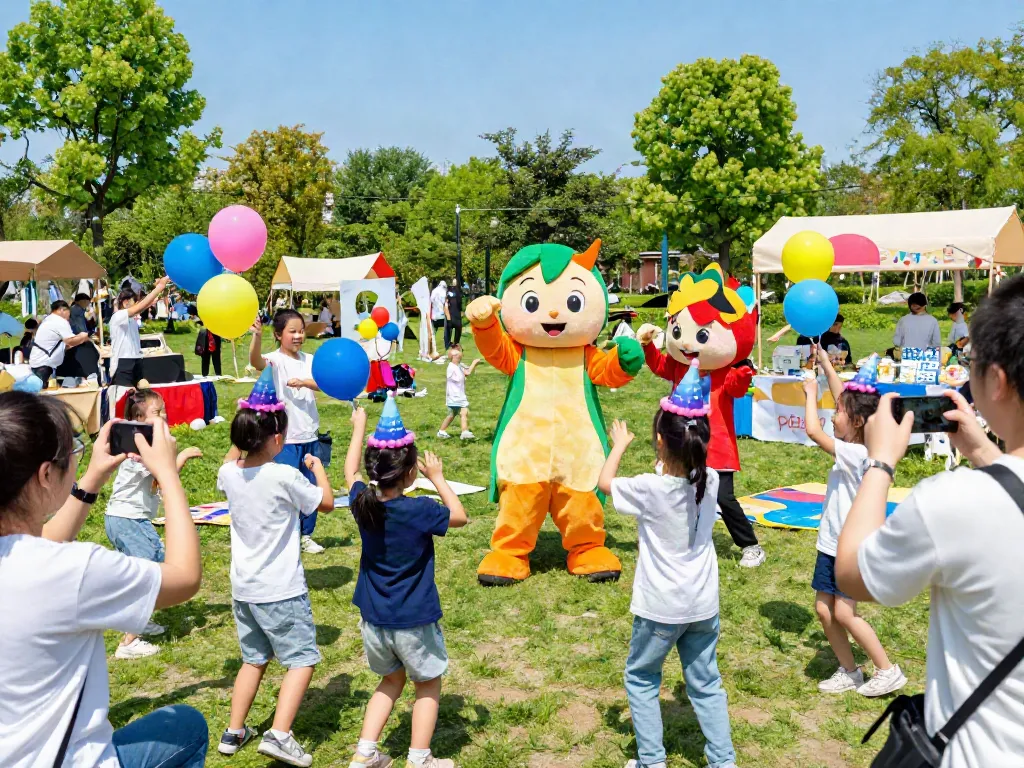 Children enjoying a lively outdoor event with a mascot costume, capturing joyful moments.