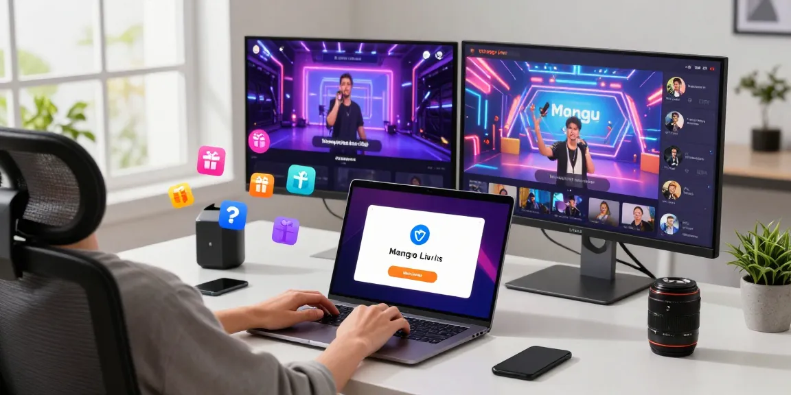 Top up Mango Live Diamonds instantly from a modern workspace, showcasing vibrant app visuals and dynamic gift icons.