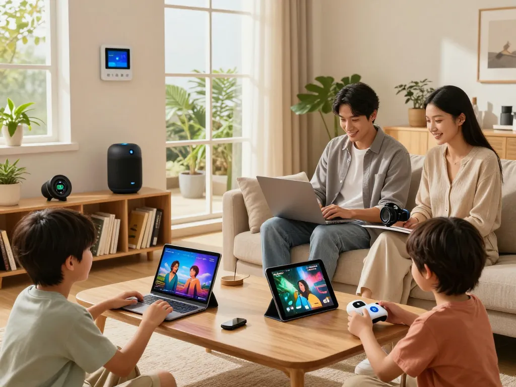 Family enjoying tech gadgets for home in a modern living room, including a smart speaker and tablet.