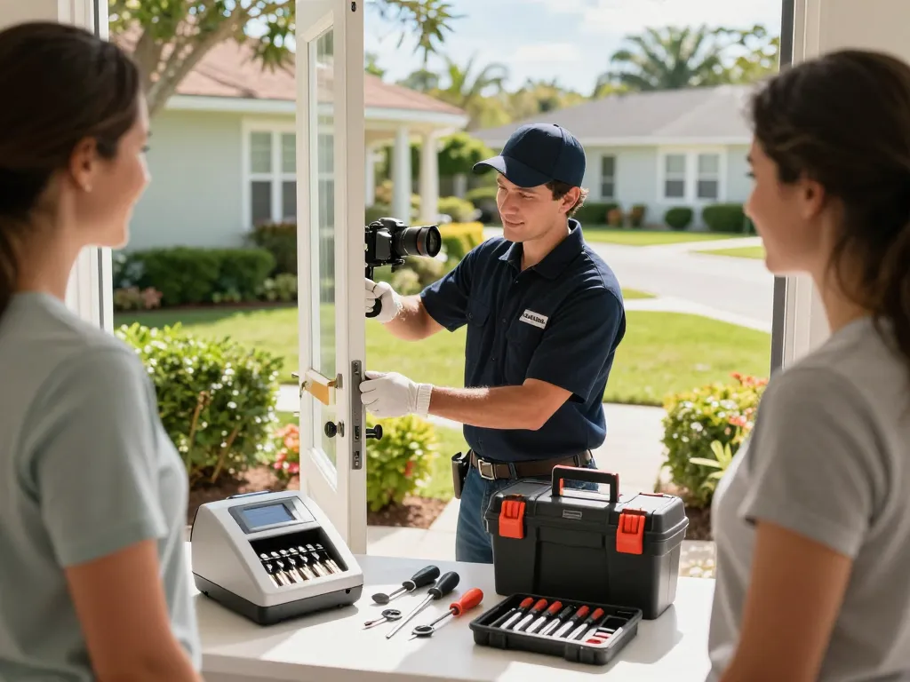 Professional locksmith Hobe Sound FL repairing home door lock with tools.