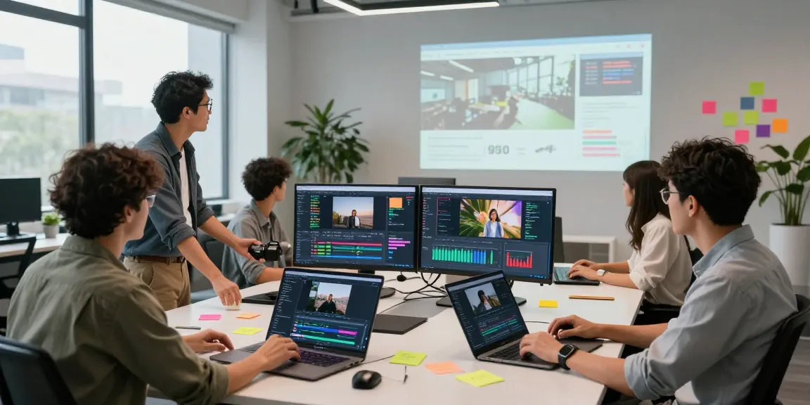 Team collaborating on generating an ai video prompt in a modern tech workspace with dynamic displays.