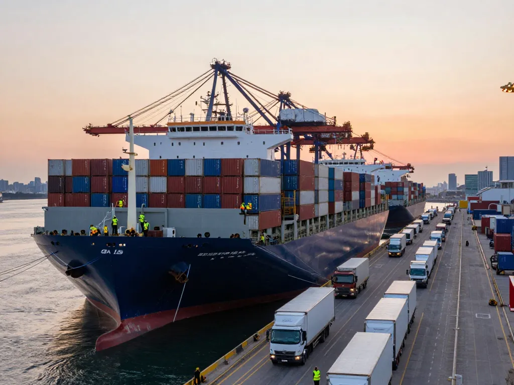 Busy US port scene with cargo ships, cranes, and dock workers handling logistics.