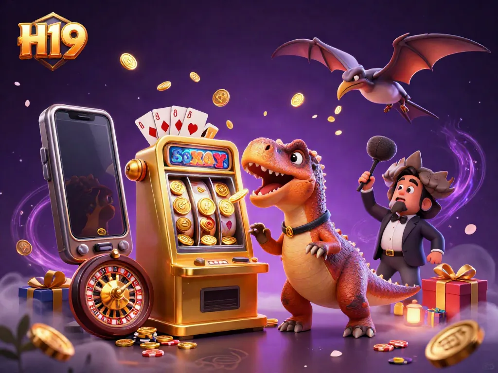 H19 showcases a pachycephalosaurus winning jackpots with a golden slot machine amidst dynamic casino elements.