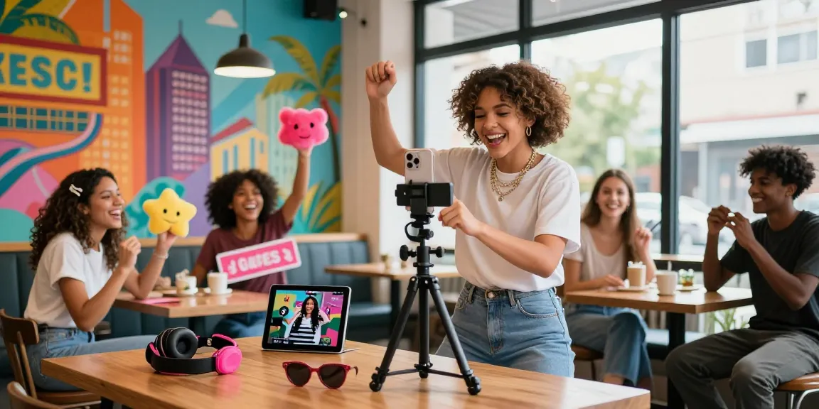 A young content creator filming a TikTok video in a vibrant urban setting, showcasing a beginner guide to TikTok influencer marketing.