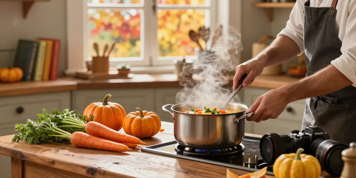 Leckere Zubereitung von vegetarischer Suppe mit frischen Zutaten in einer gemütlichen Küche.