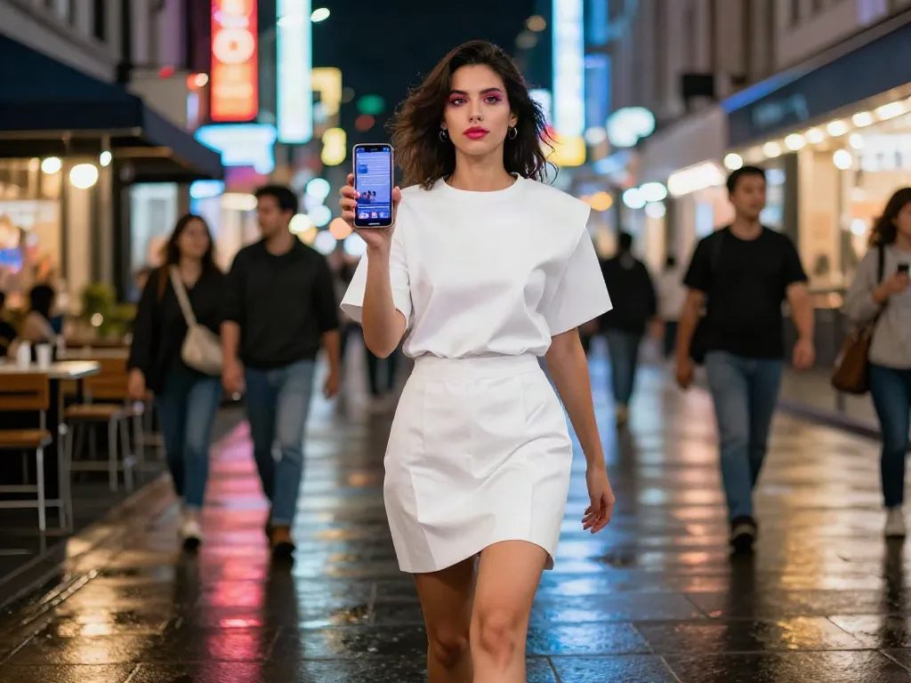 Sophie Rain xxx walking confidently in a vibrant urban street scene, illuminated by neon lights, showcasing modern fashion.