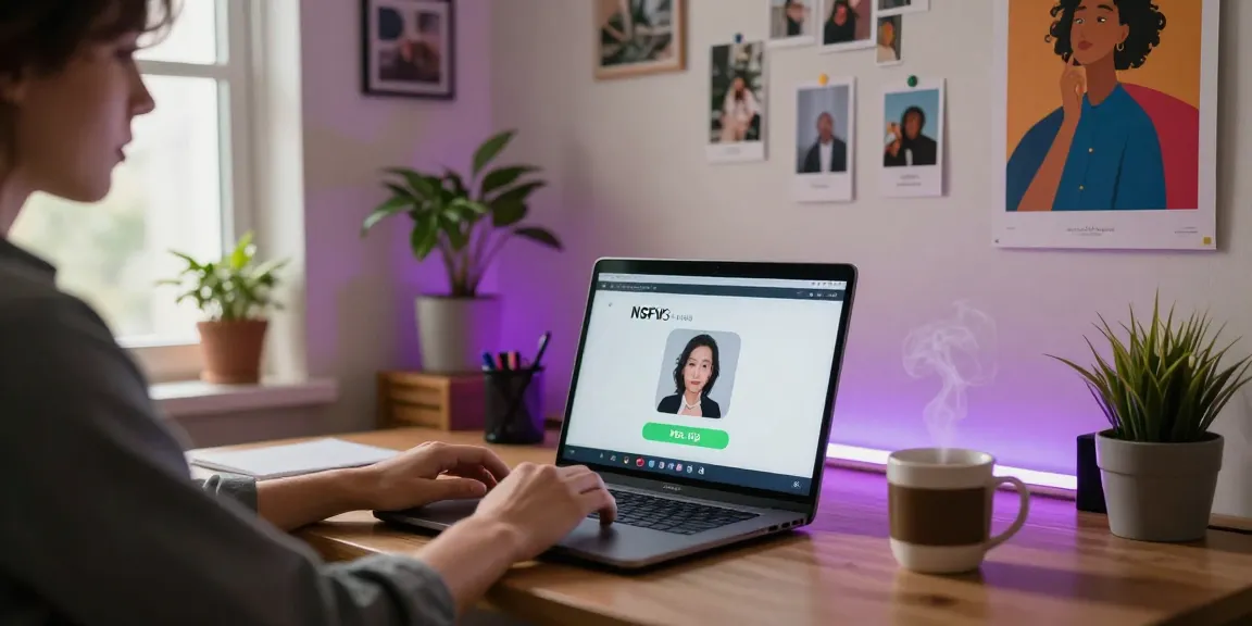 Engaging in nsfw ai chat in a cozy home office with modern decor and warm lighting.