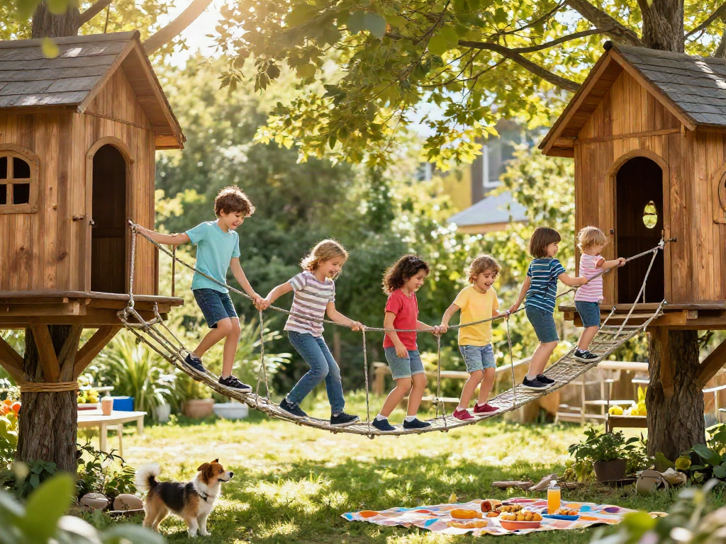 Kids enjoying a rope bridge between treehouses, showcasing outdoor play and adventure.