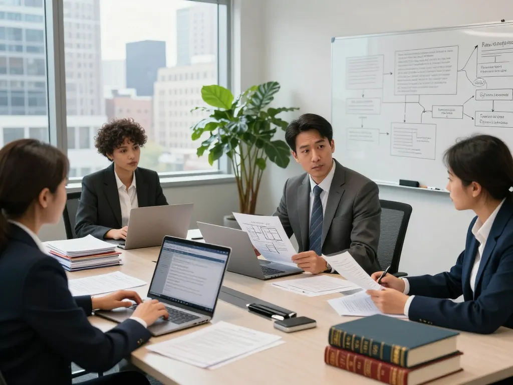 New York City Personal Injury Lawyer team strategizing in modern legal office, showcasing collaborative case preparation.