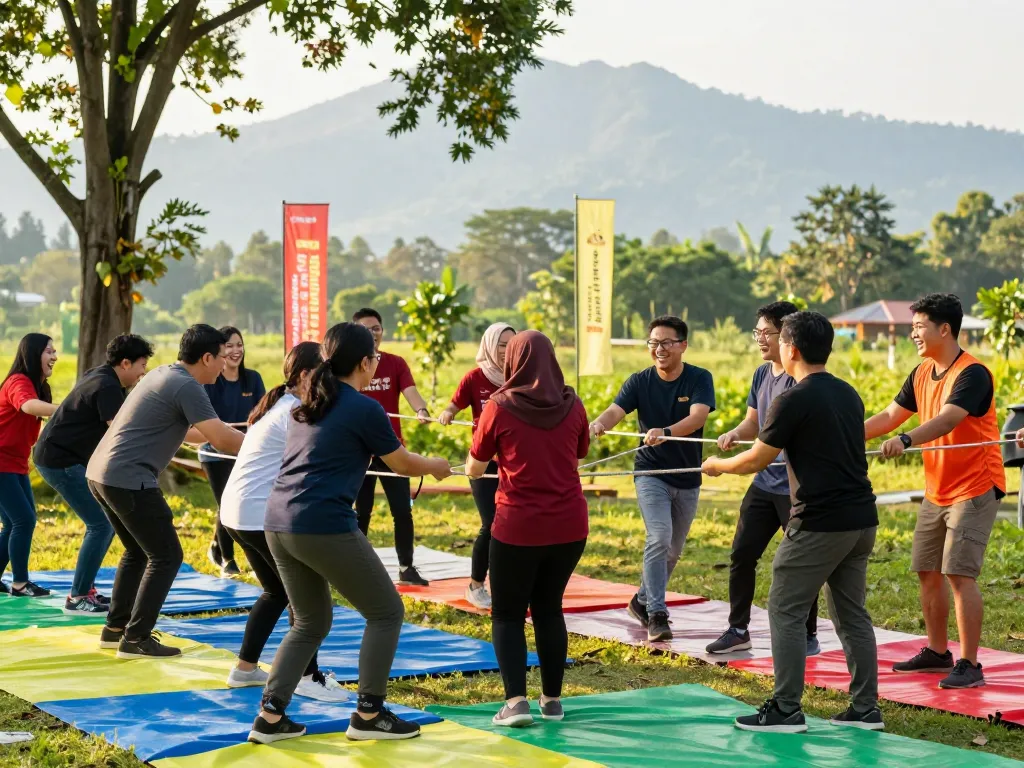 Peserta team building jogja terlibat dalam aktivitas luar ruangan yang menyenangkan dikelilingi oleh alam yang rimbun.