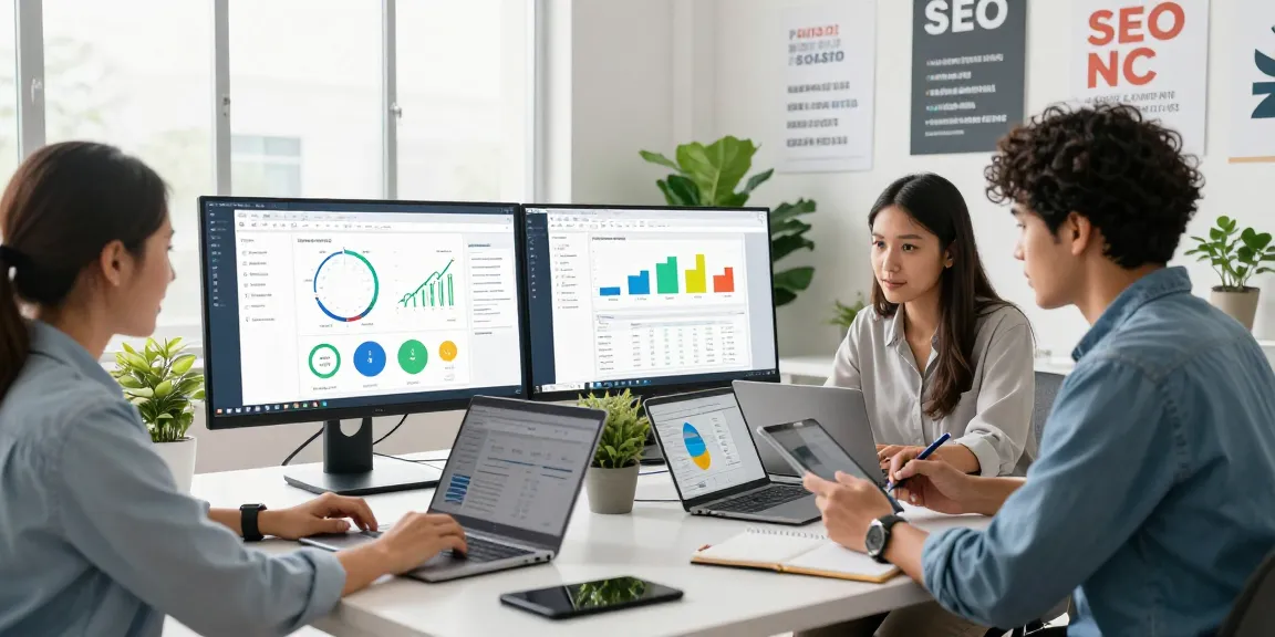 SEO professionals brainstorming link building services strategies in a modern office.