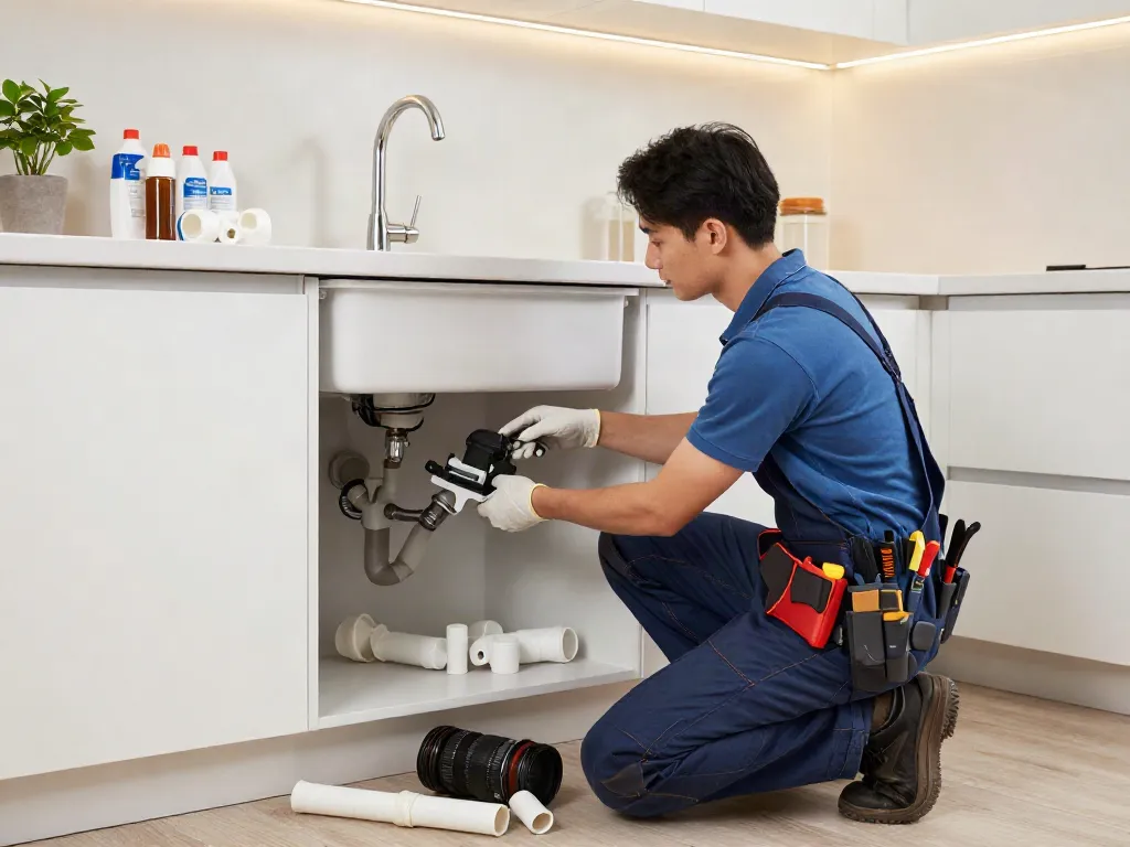 Plumber London installing modern kitchen sink with professional tools in bright renovation space