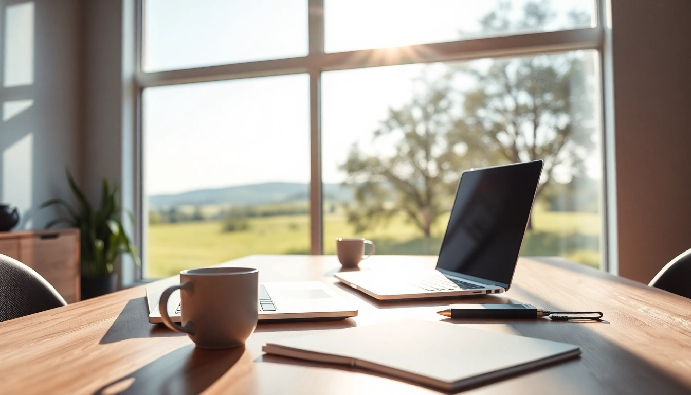 Arbeiten an einem modernen Schreibtisch mit Laptop und Notizbuch auf https://alvionz.de/.