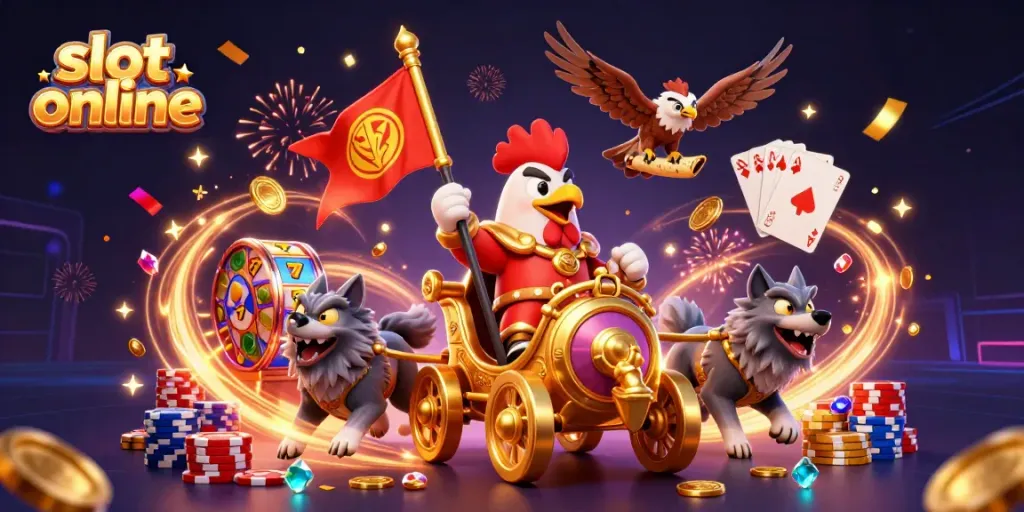 Experience thrilling slot online adventures with a rooster warlord in an action-packed scene.