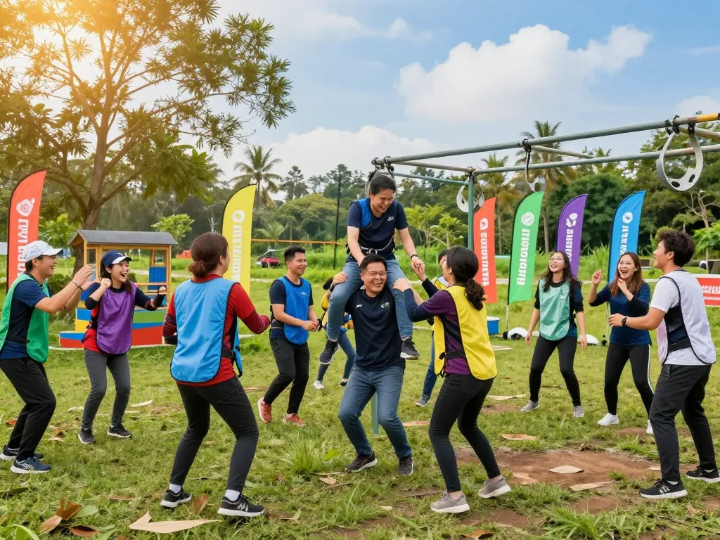 Team Building jogja participants enjoying activities in lush outdoor setting