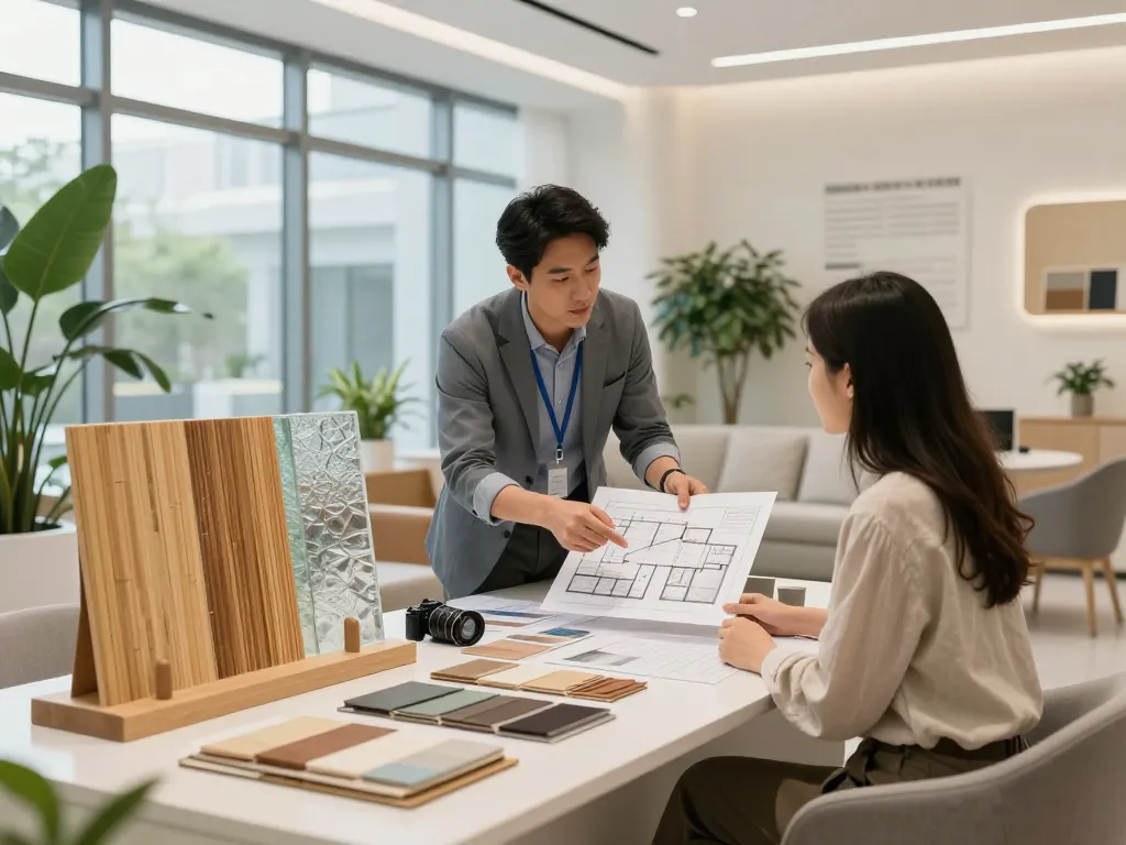 Interior Design Architect collaborating with a client in a modern clinic, showcasing design elements and sustainable materials.