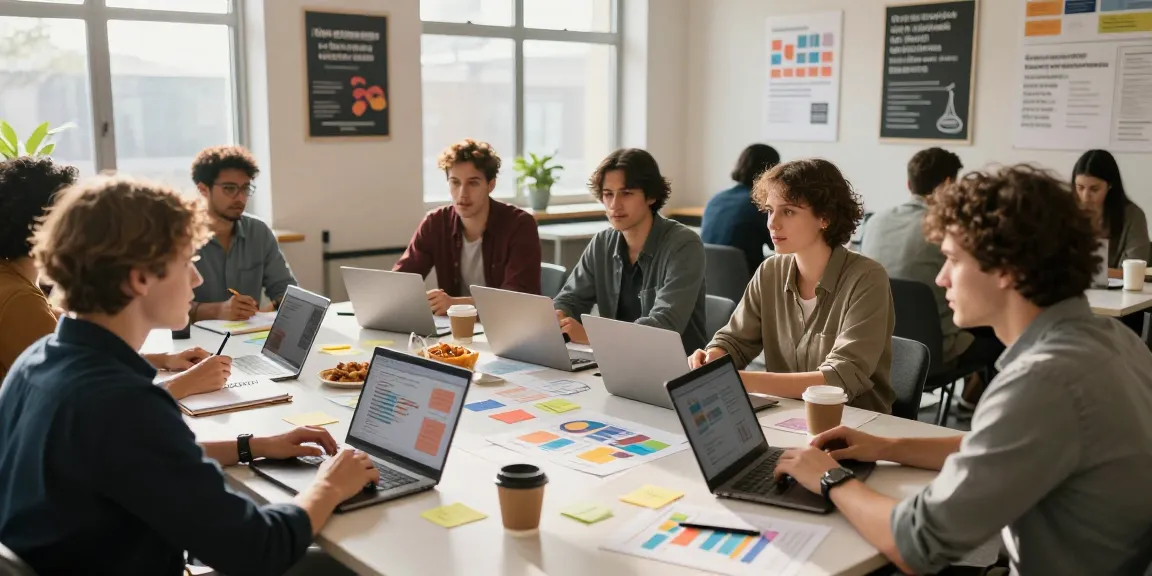 Engaged group of small business owners in a marketing course for small businesses brainstorming strategies in a co-working space.