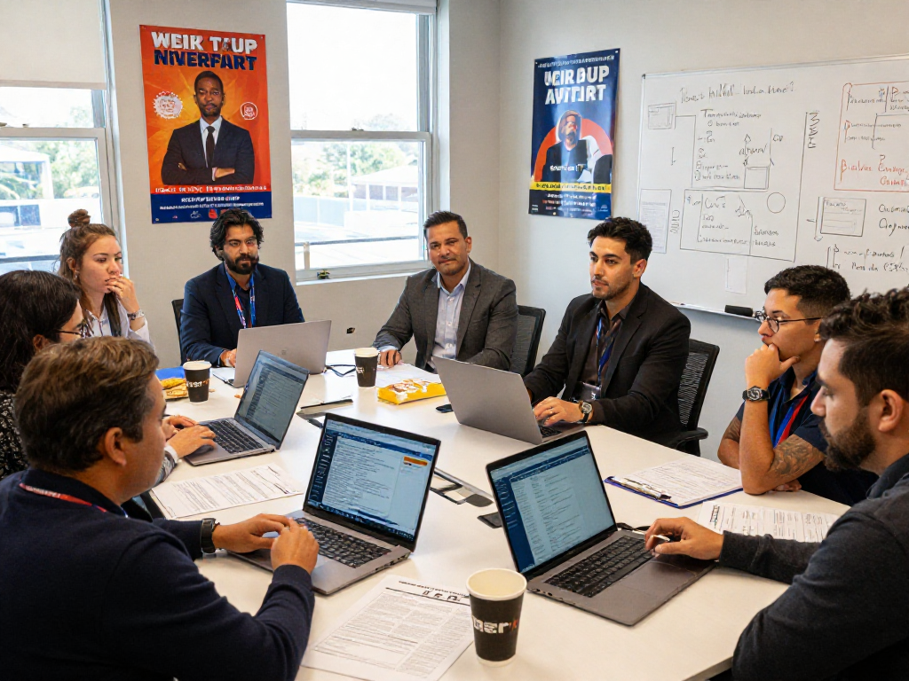 Political campaign team discussing peer to peer texting for campaigns with data analytics in a collaborative office