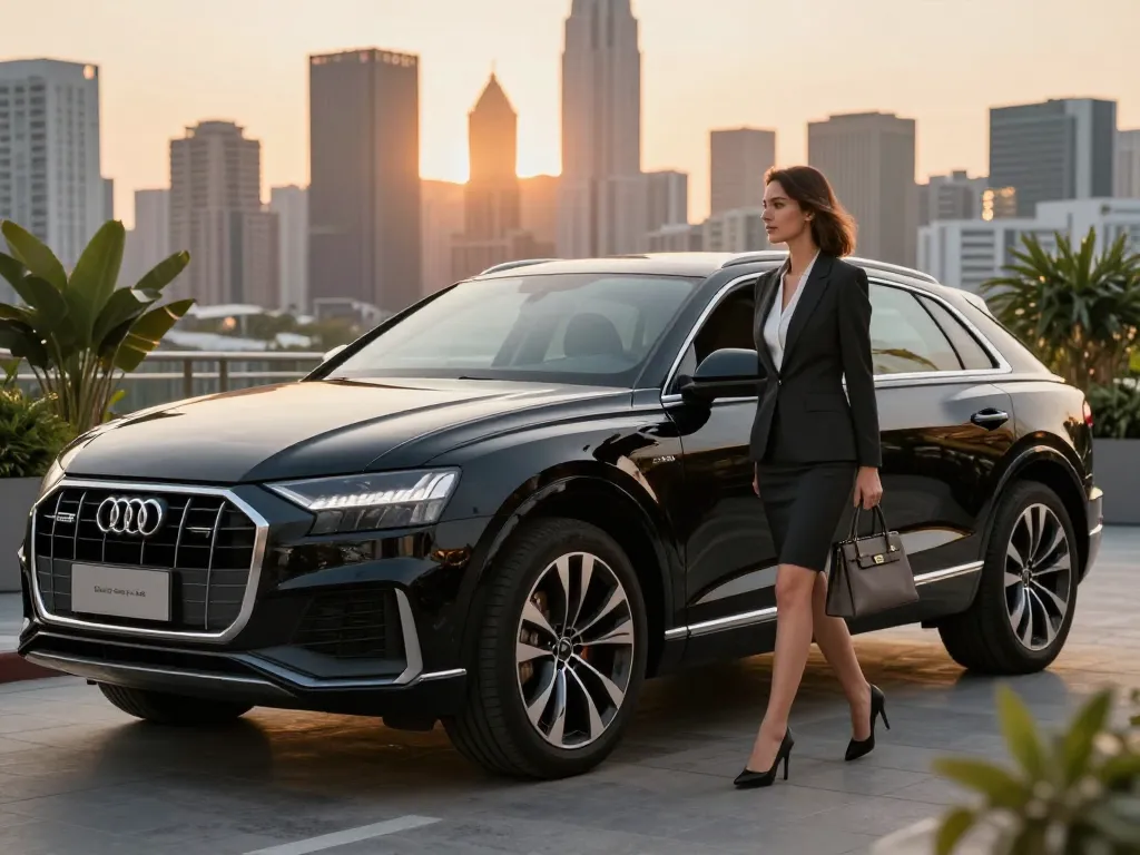 cho thuê xe ô tô hạng sang với một chiếc Audi Q8 thanh lịch, trình diễn một nữ doanh nhân quý phái trong ánh hoàng hôn đô thị.